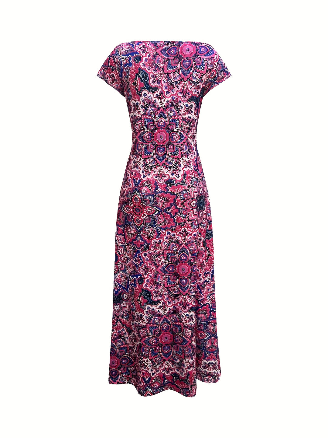 Women's Bohemian Paisley Print V-Neck Maxi Dress - Short Sleeve A-Line Machine Washable Midi Dress with Stretch Fabric for Casual & Formal Occasions, Seasonal Fashion, Elegant Style, Comfortable Fit, Fashion Lovers