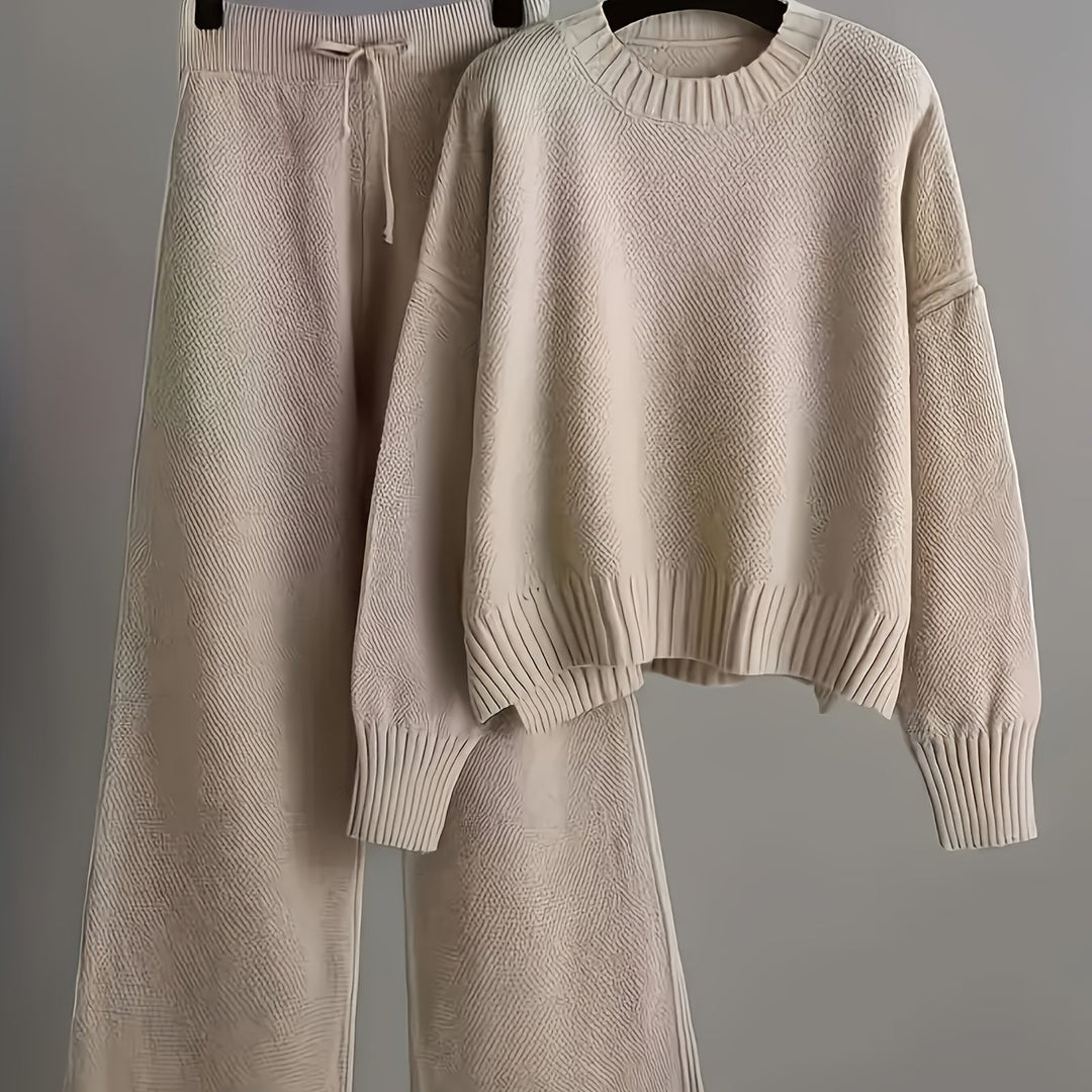 Women'S Oversized Round Neck Sweater & Wide-Leg Pants Two-Piece Set - Soft Beige Casual Elegant Outfit, Drop Shoulder Long Sleeve Pullover with Ribbed Texture, Loose Fit Trousers for Fall Winter Warmth, Cozy Everyday to Semi-Formal Wear, Sweaters for Wome
