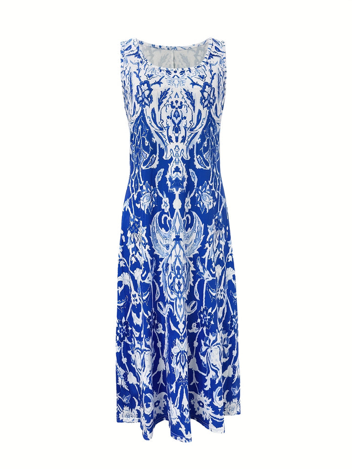 Women'S Summer Floral Print Maxi Dress - Sleeveless Square Neck A-Line Flowy Vacation Style with Pleated Design and Flowy Silhouette, Beach Attire | Flowing Maxi | A-Line Silhouette, Beach Dresses