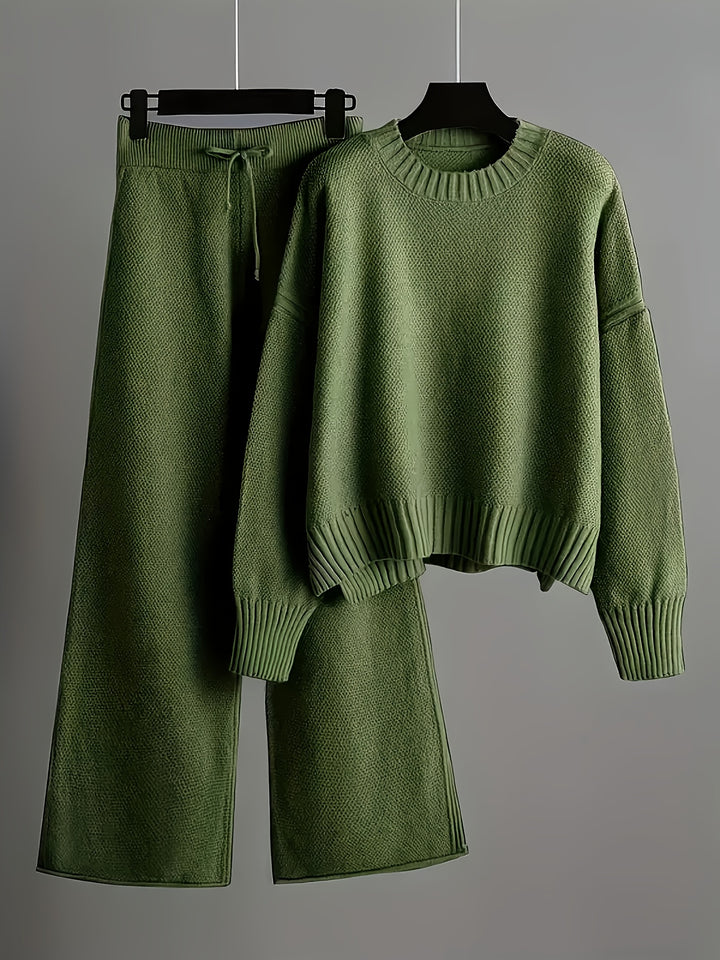 Women'S Oversized Round Neck Sweater & Wide-Leg Pants Two-Piece Set - Soft Beige Casual Elegant Outfit, Drop Shoulder Long Sleeve Pullover with Ribbed Texture, Loose Fit Trousers for Fall Winter Warmth, Cozy Everyday to Semi-Formal Wear, Sweaters for Wome