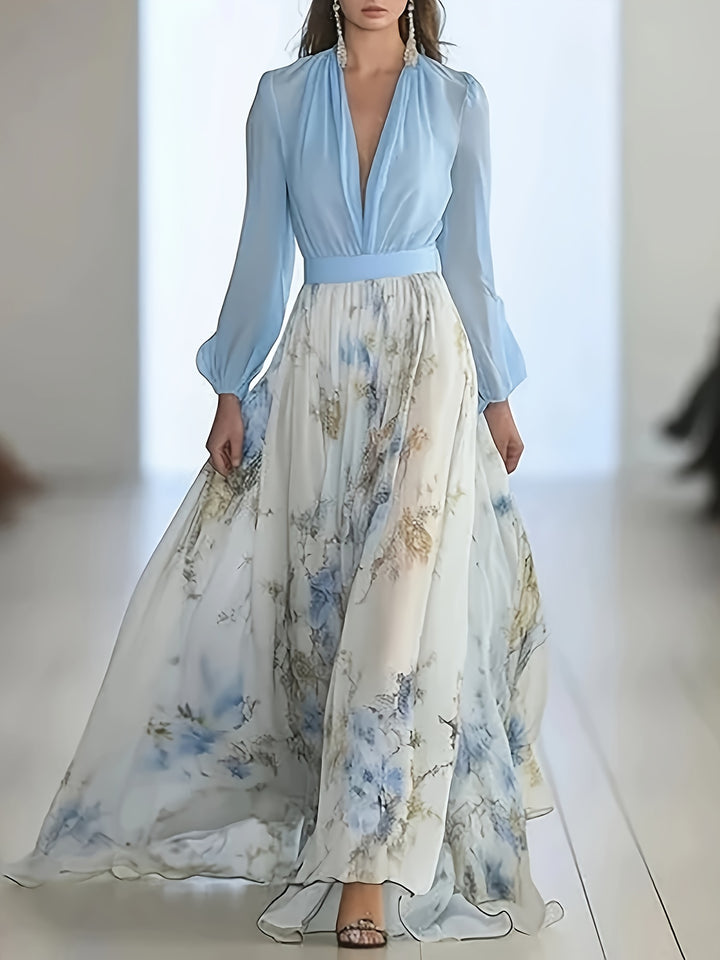 Women's Bohemian Floral Print V-Neck Long Sleeve Dress - Lightweight A-Line Flowy Maxi with Puff Sleeves, Machine Washable for Spring Summer Fall Casual & Formal Events, Spring Fashion, Elegant Style, Soft Fabric, Flowy Material