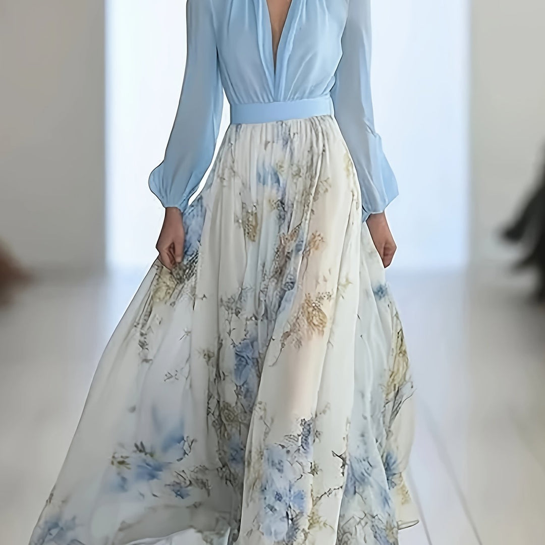 Women's Bohemian Floral Print V-Neck Long Sleeve Dress - Lightweight A-Line Flowy Maxi with Puff Sleeves, Machine Washable for Spring Summer Fall Casual & Formal Events, Spring Fashion, Elegant Style, Soft Fabric, Flowy Material