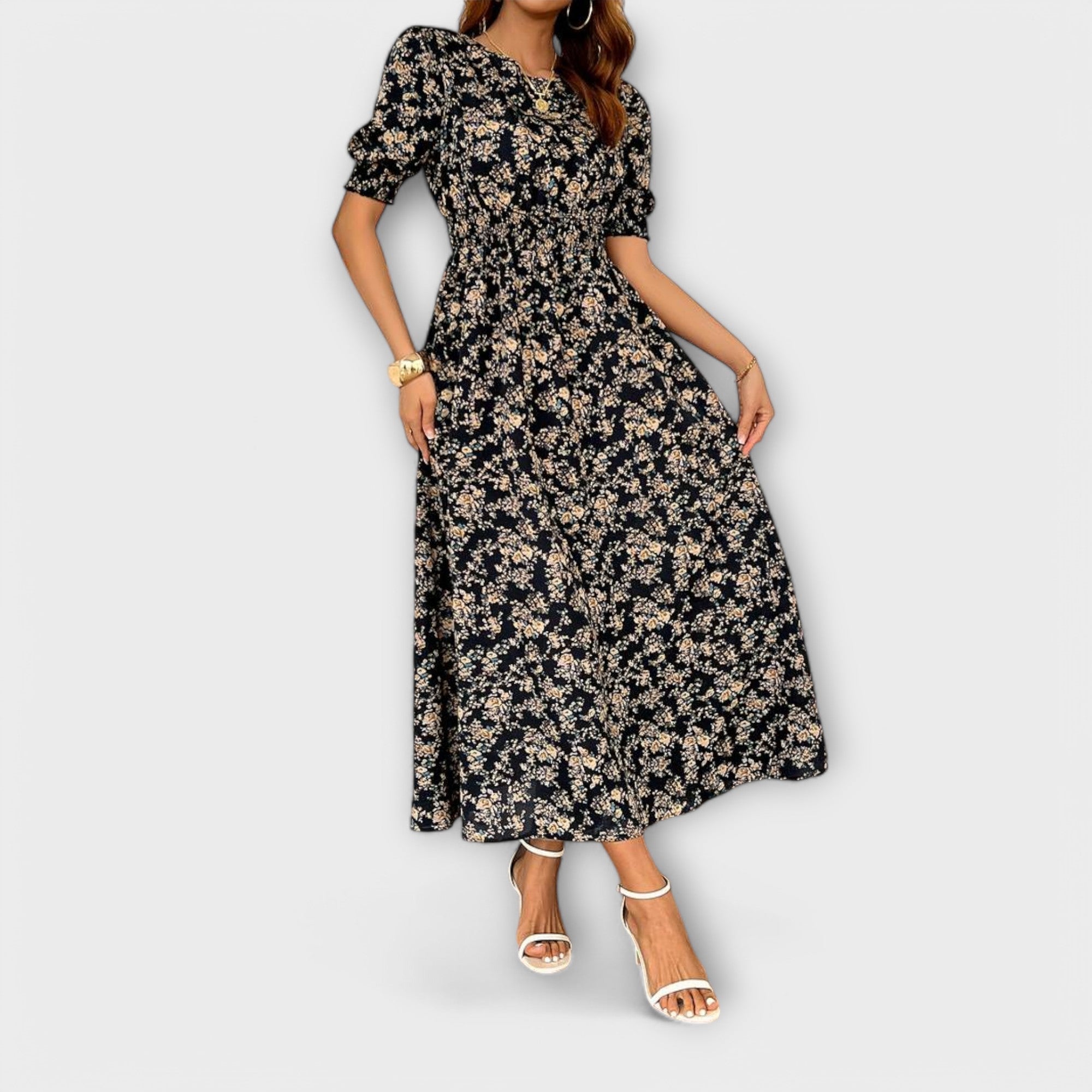 Dress with Round Neck and Floral Pattern