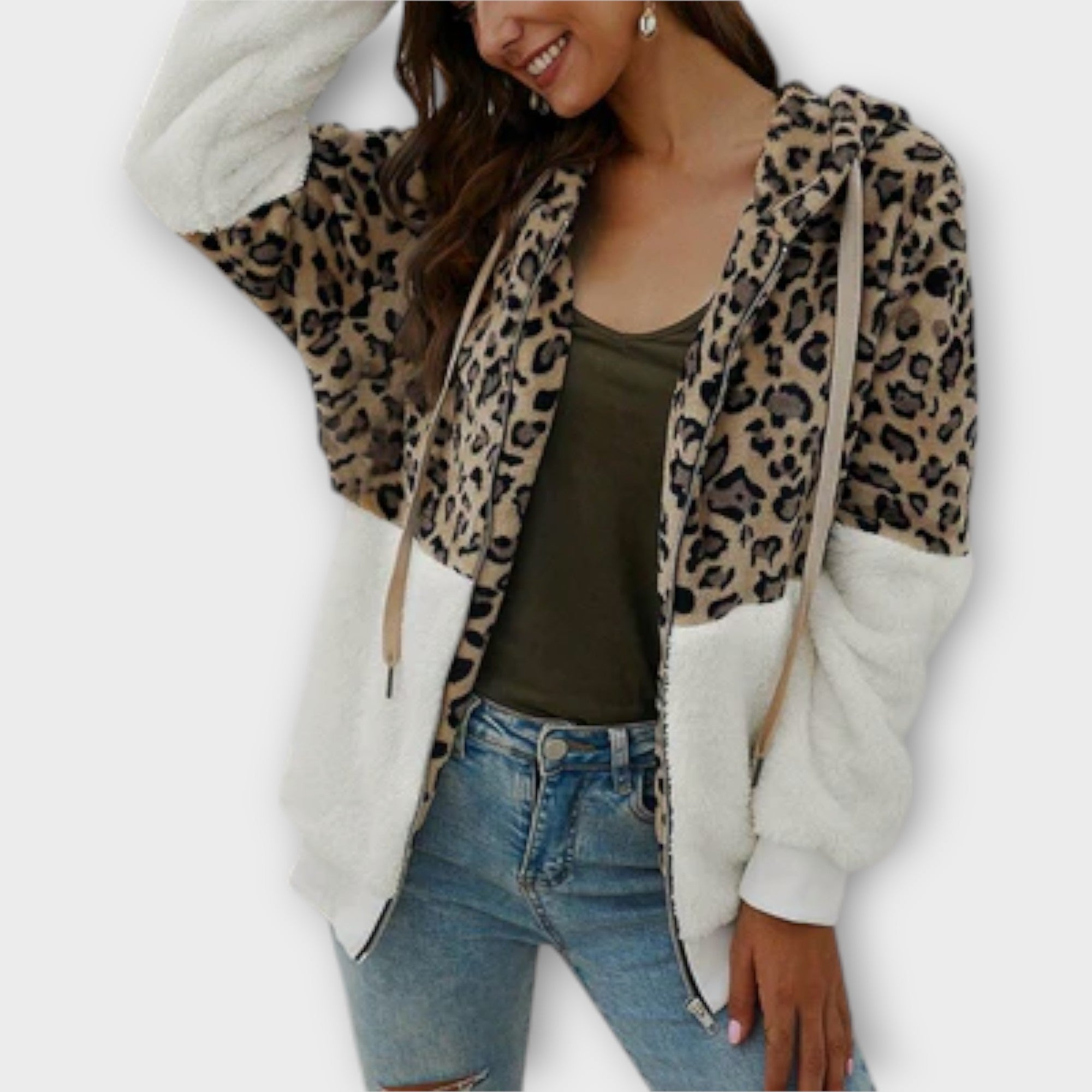 Fleece hoodie with leopard design