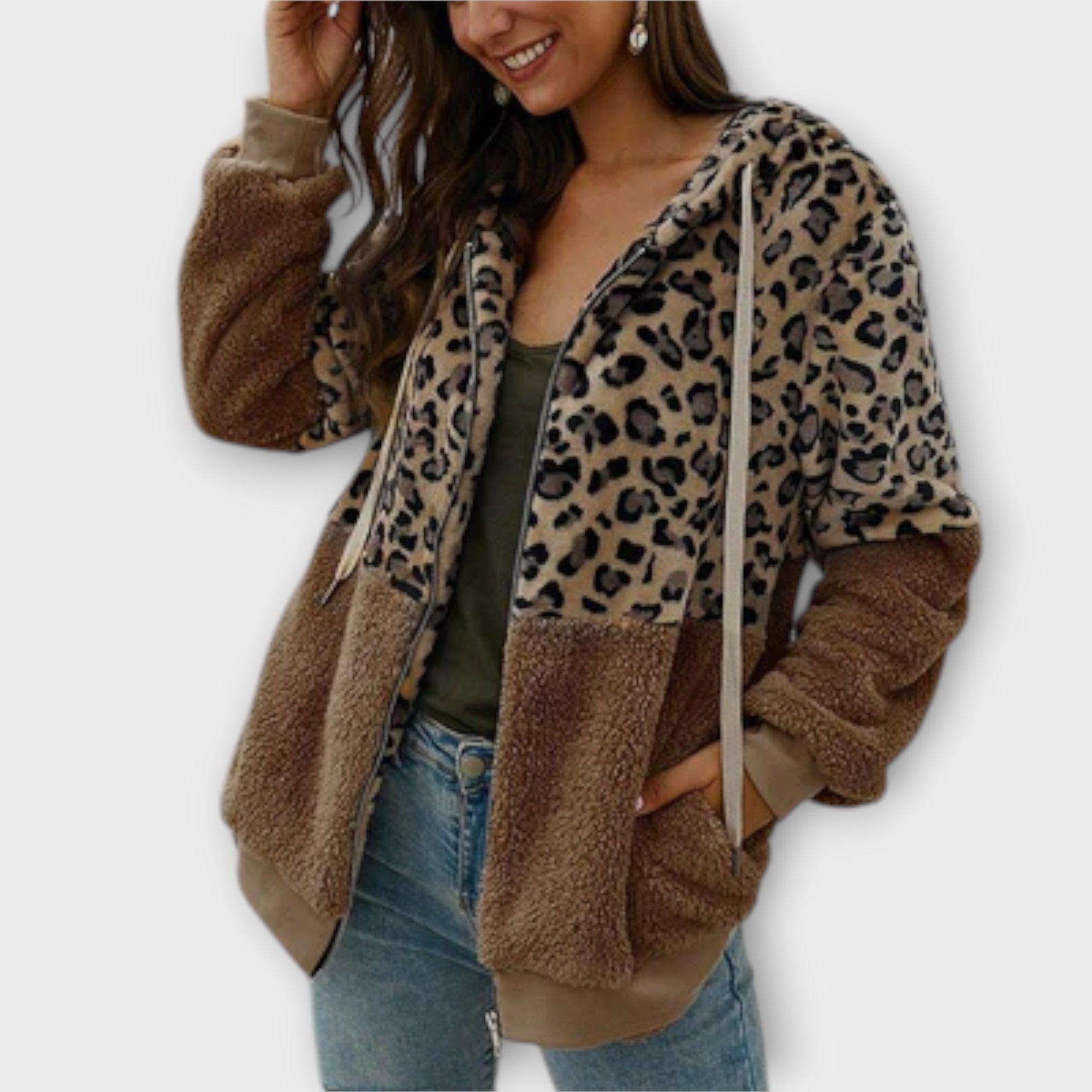 Fleece hoodie with leopard design