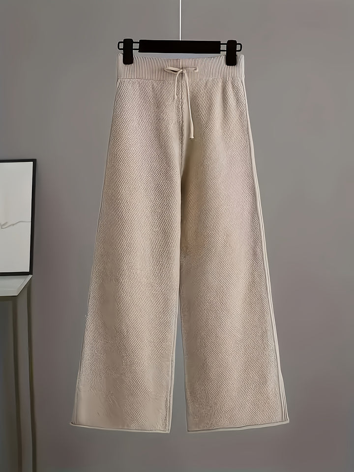Women'S Oversized Round Neck Sweater & Wide-Leg Pants Two-Piece Set - Soft Beige Casual Elegant Outfit, Drop Shoulder Long Sleeve Pullover with Ribbed Texture, Loose Fit Trousers for Fall Winter Warmth, Cozy Everyday to Semi-Formal Wear, Sweaters for Wome