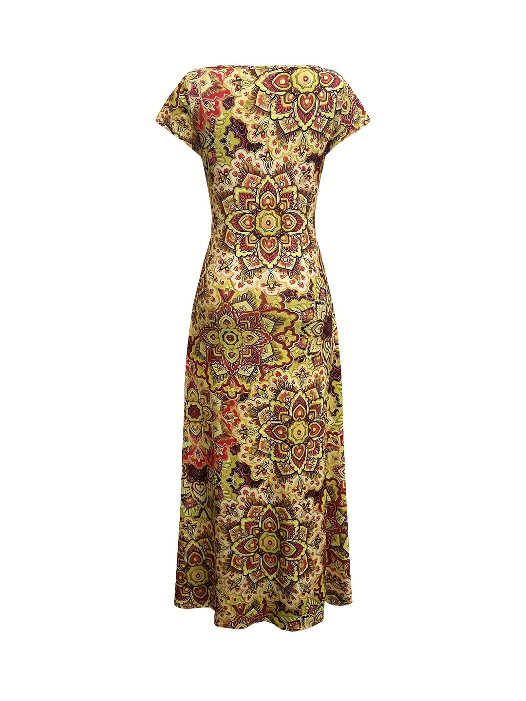 Women's Bohemian Paisley Print V-Neck Maxi Dress - Short Sleeve A-Line Machine Washable Midi Dress with Stretch Fabric for Casual & Formal Occasions, Seasonal Fashion, Elegant Style, Comfortable Fit, Fashion Lovers