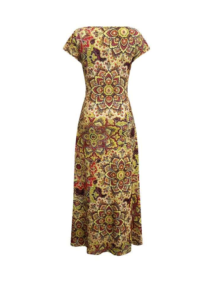 Women's Bohemian Paisley Print V-Neck Maxi Dress - Short Sleeve A-Line Machine Washable Midi Dress with Stretch Fabric for Casual & Formal Occasions, Seasonal Fashion, Elegant Style, Comfortable Fit, Fashion Lovers