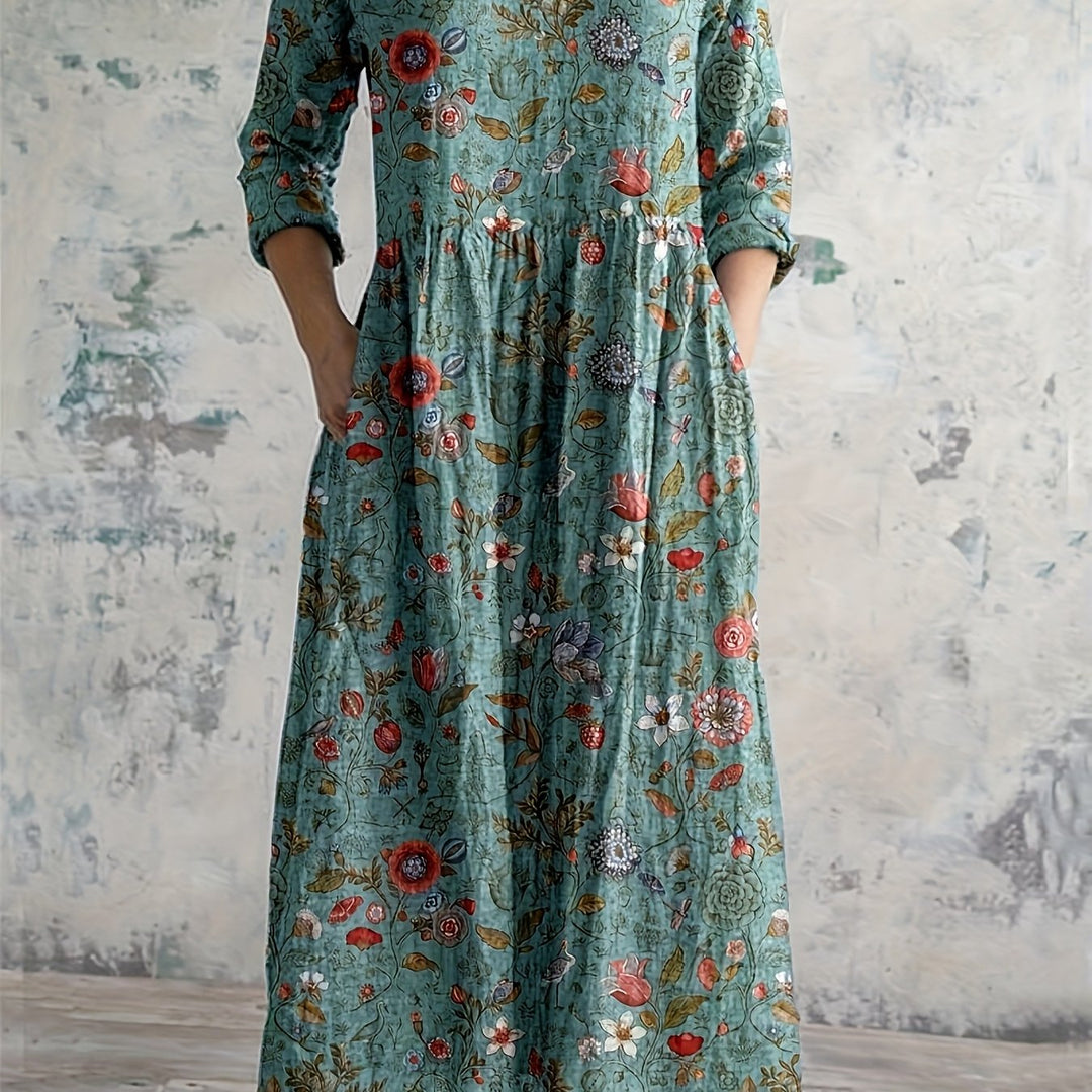 Women'S Floral Print V-Neck Dress with 3/4 Sleeves - Casual Long Dress for Spring/Summer/Fall, Lightweight Polyester Fabric, Vibrant Red & Green Flowers on Teal Background, Perfect for Casual Attire, Floral Dress