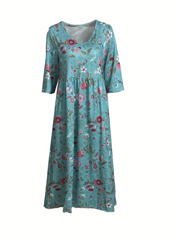 Women'S Floral Print V-Neck Dress with 3/4 Sleeves - Casual Long Dress for Spring/Summer/Fall, Lightweight Polyester Fabric, Vibrant Red & Green Flowers on Teal Background, Perfect for Casual Attire, Floral Dress