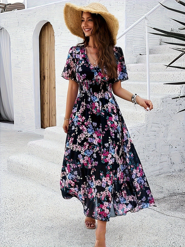 Women's Elegant Floral Print V-Neck Off-Shoulder Long Sleeve Maxi Dress - Breathable Summer Dress with Ruching Detail, Machine Washable for Tropical Parties & Casual Outings, Cute Summer Dresses, Party Attire, Chic Evening Wear