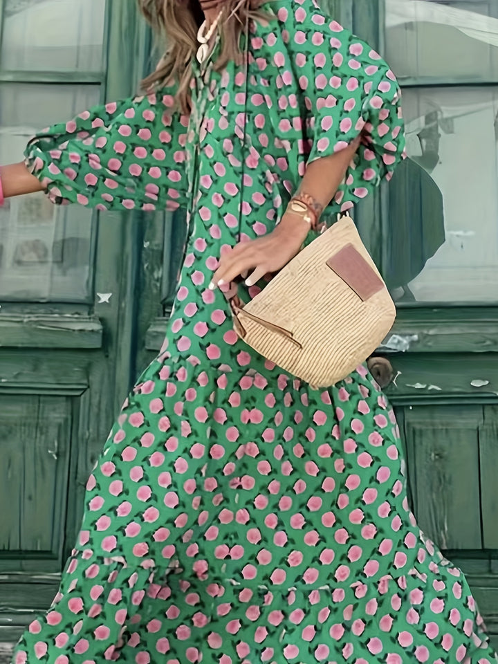 Women's Floral maxi Dress - Flowy A-Line Formal & Casual Gown, Machine Washable Green and Pink Print for Beach, Party, Everyday Outfits - Elegant Women's Clothing, Beach Dresses, Summer Outfit, Feminine Style, Breathable Material, Party Wear