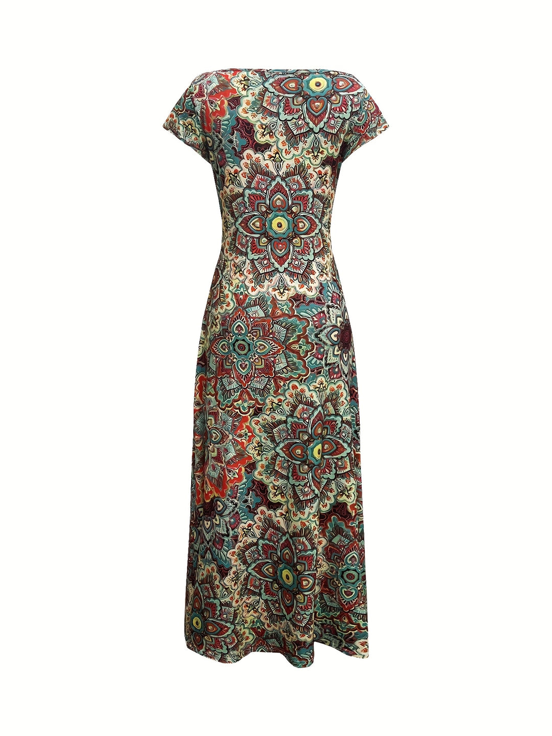 Women's Bohemian Paisley Print V-Neck Maxi Dress - Short Sleeve A-Line Machine Washable Midi Dress with Stretch Fabric for Casual & Formal Occasions, Seasonal Fashion, Elegant Style, Comfortable Fit, Fashion Lovers