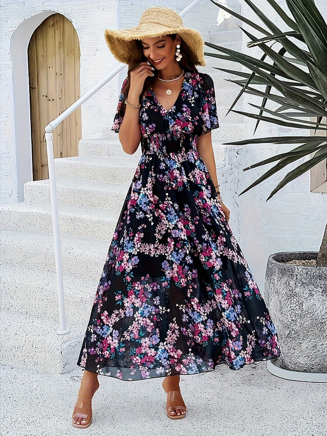 Women's Elegant Floral Print V-Neck Off-Shoulder Long Sleeve Maxi Dress - Breathable Summer Dress with Ruching Detail, Machine Washable for Tropical Parties & Casual Outings, Cute Summer Dresses, Party Attire, Chic Evening Wear