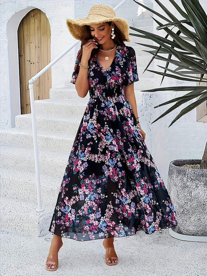 Women's Elegant Floral Print V-Neck Off-Shoulder Long Sleeve Maxi Dress - Breathable Summer Dress with Ruching Detail, Machine Washable for Tropical Parties & Casual Outings, Cute Summer Dresses, Party Attire, Chic Evening Wear
