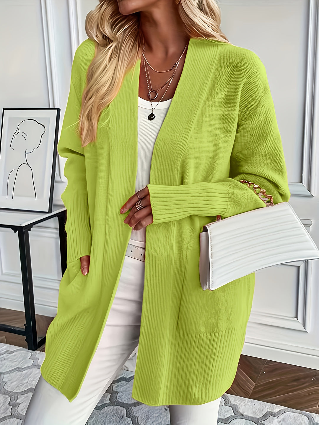Women'S Cozy Yellow Knit Cardigan - Long Sleeve, V-Neck, Loose Fit, Fall & Winter Stylish Pullover, Autumn Winter Apparel | Vibrant Cardigan | Knit Construction, Cardigan Sweater