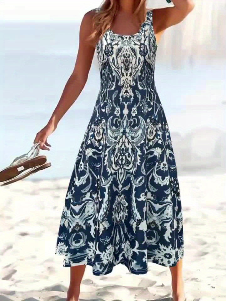 Women'S Summer Floral Print Maxi Dress - Sleeveless Square Neck A-Line Flowy Vacation Style with Pleated Design and Flowy Silhouette, Beach Attire | Flowing Maxi | A-Line Silhouette, Beach Dresses